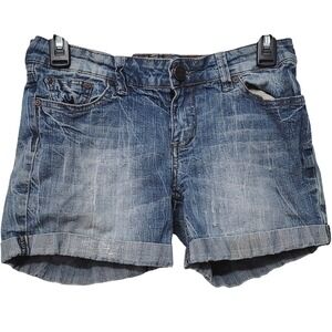 Indigo Rein Denim Shorts Womens 7 Blue Cuffed Distressed Stretch Mid Rise